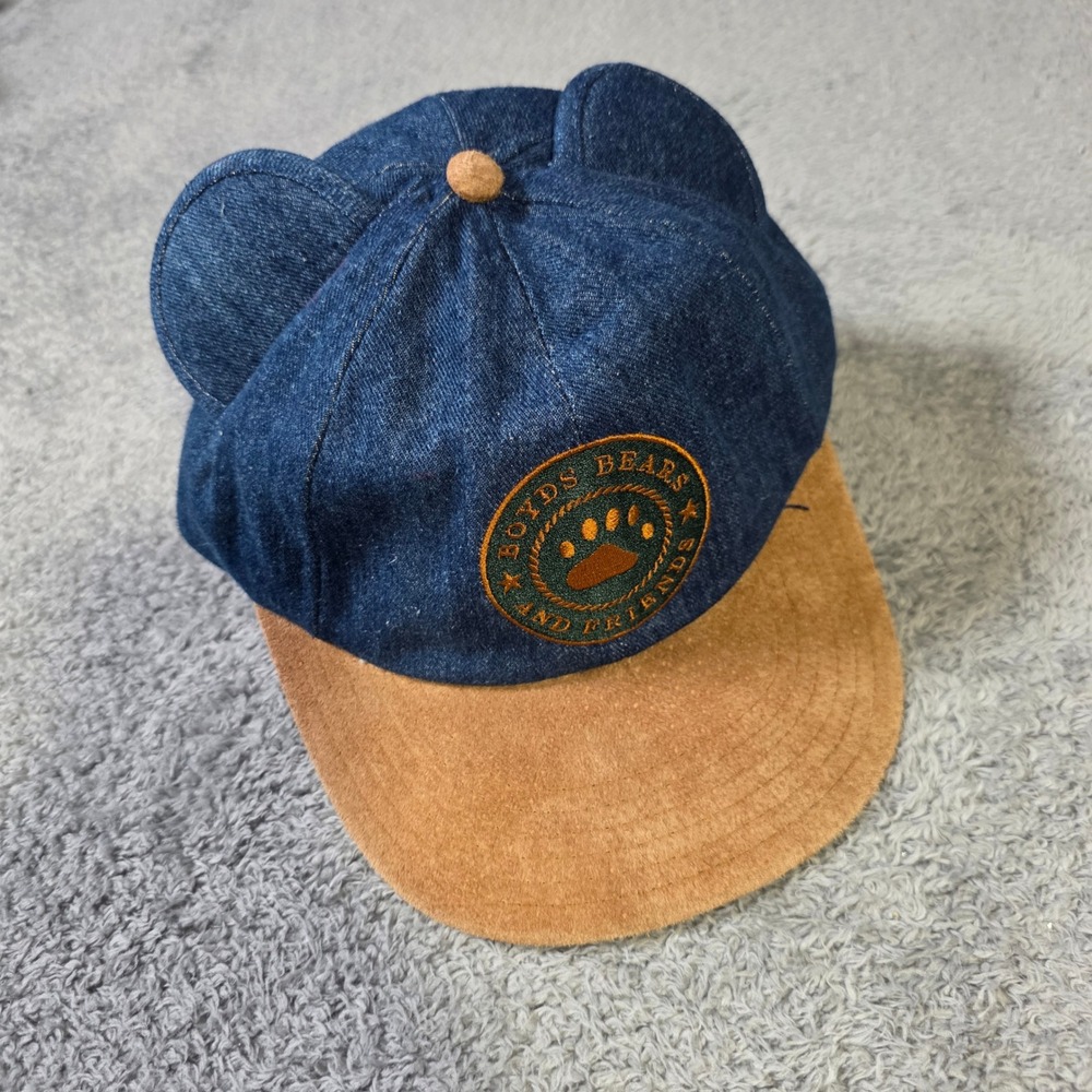 Boyds Bears Unisex Adjustable Hat Blue Denim Tan Suede Snap-On Ears Vintage‎ Cap
